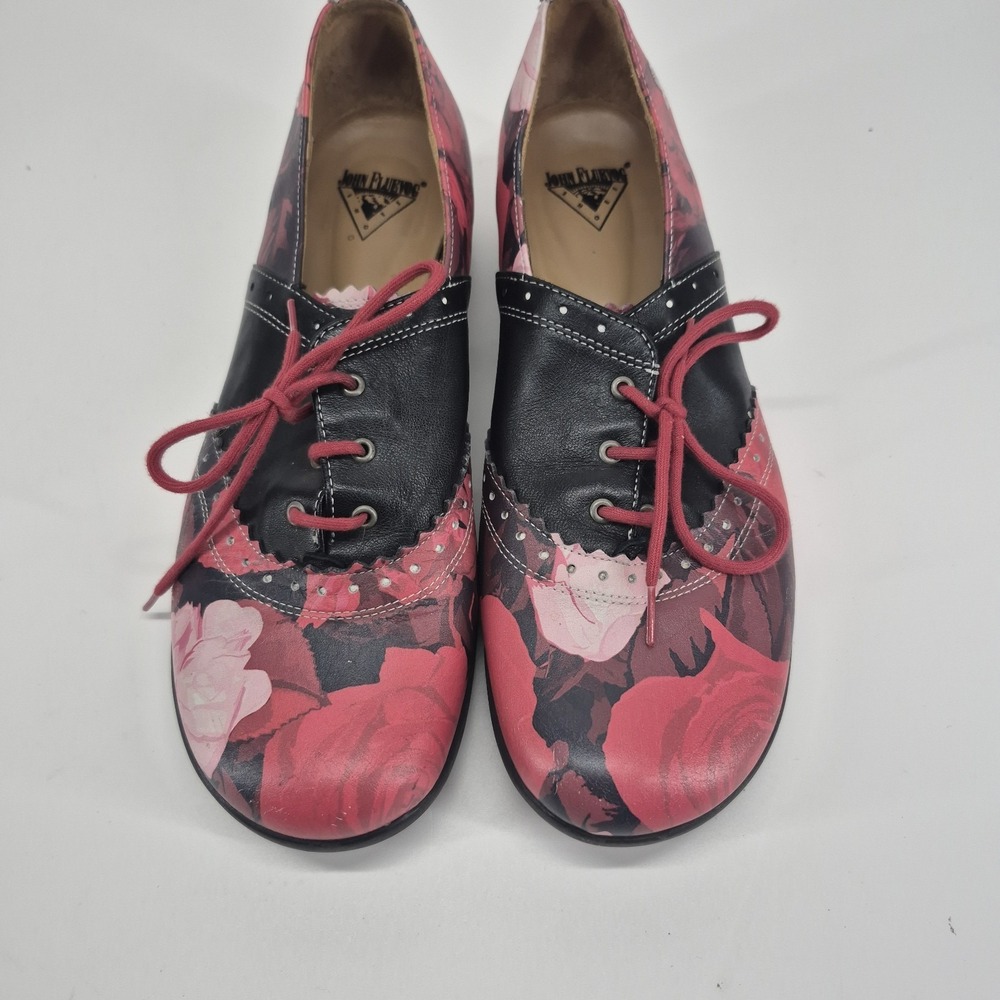 John Fluevog Erika Brogued Oxford Red Black Pink Leather Size 8.5 - Picture 4 of 16